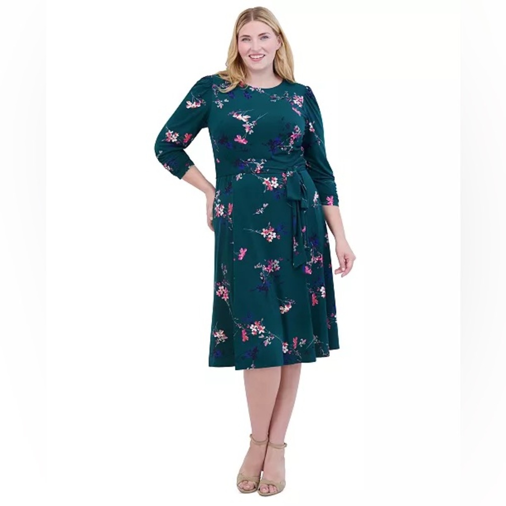 Jessica Howard Plus Size Printed 3/4-Sleeve Belted Midi Dress Size 16W